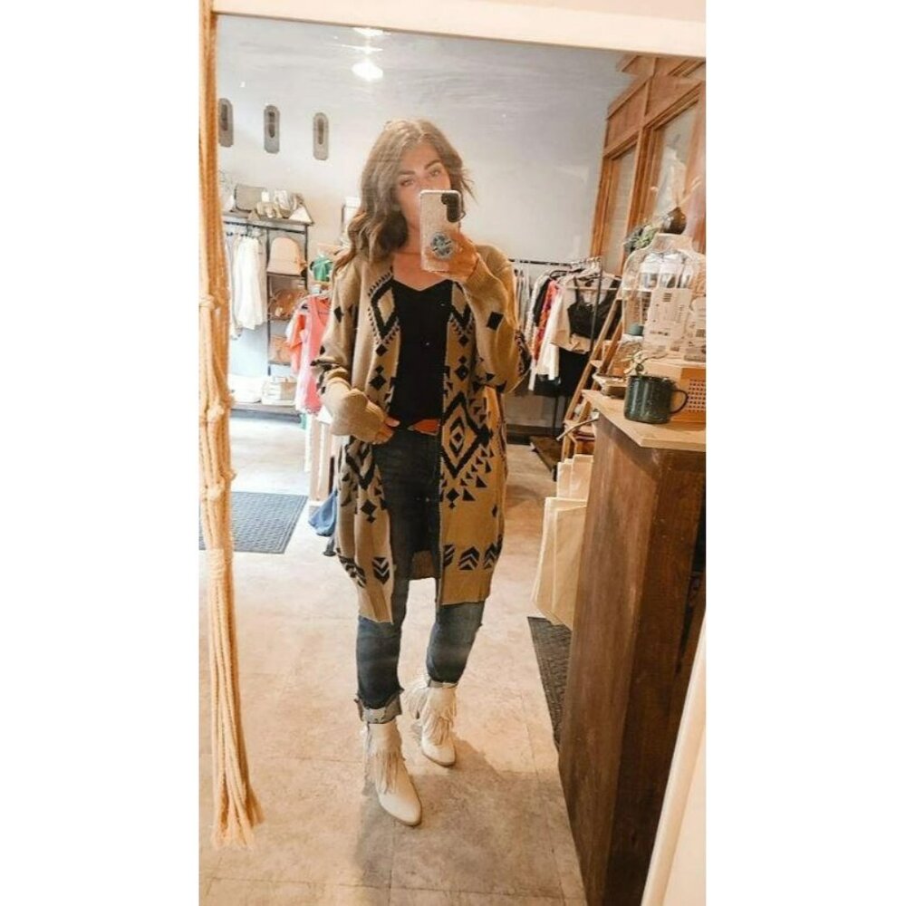 Rowan Western Aztec Print Open Front Long Pocketed Cardigan